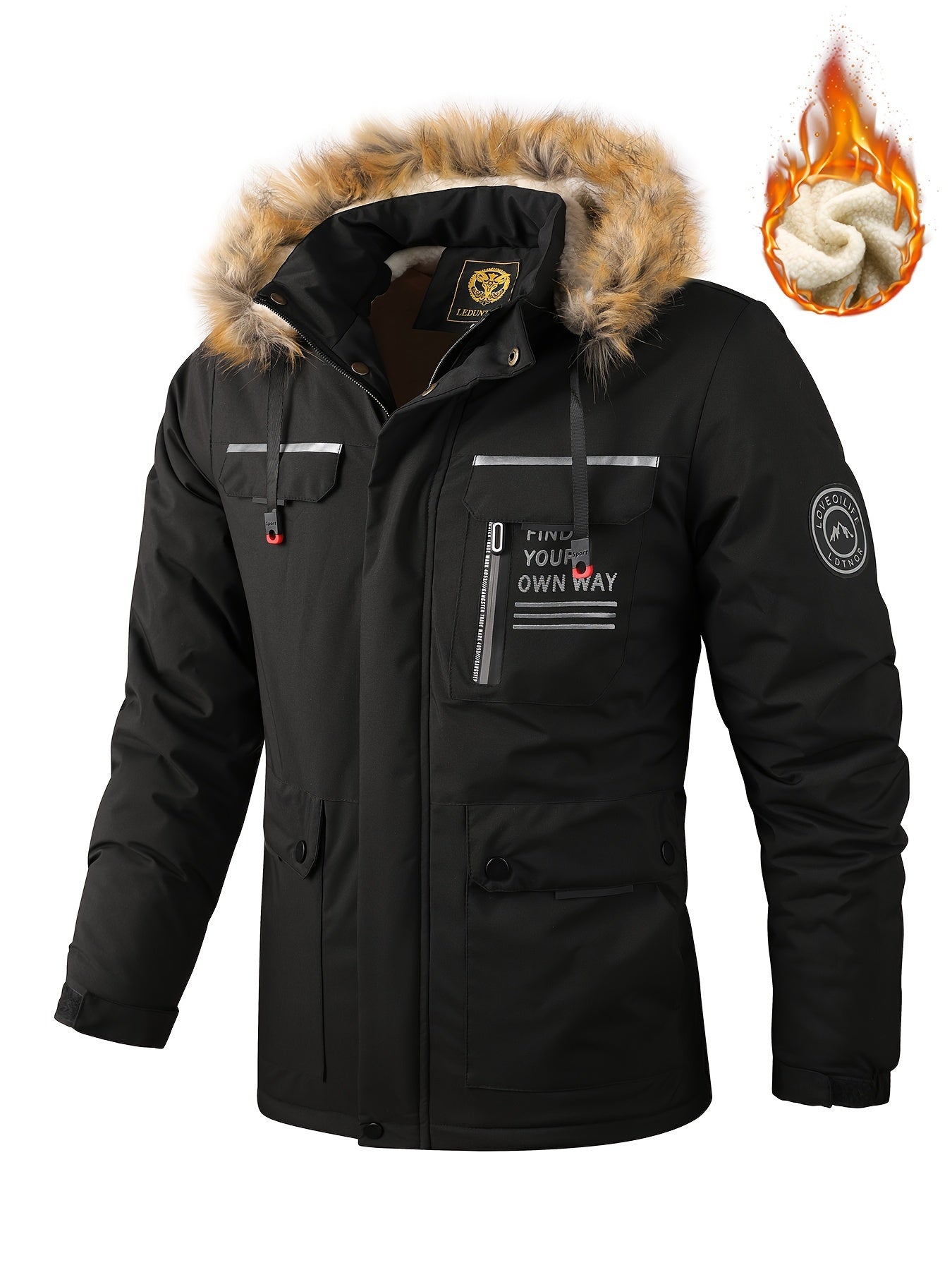 Men'S Winter Windbreaker Jacket with Lamb Fur Collar, Polyester 100% Windproof Zippered Sports Jacket, Alphabet Pattern, Regular Sleeve, Casual Outdoor Wear, H Fit, 150g/m² Fabric Weight