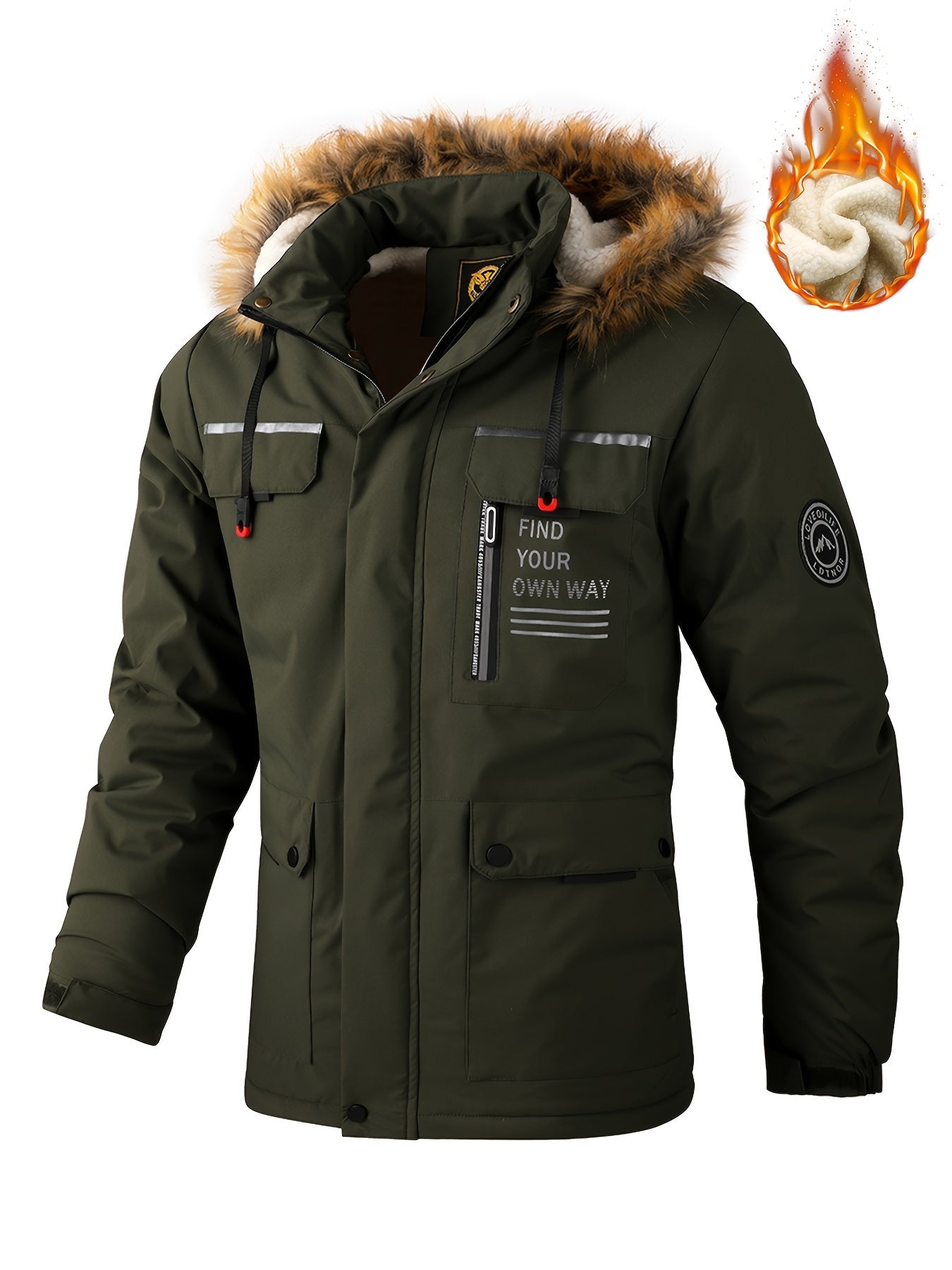 Men'S Winter Windbreaker Jacket with Lamb Fur Collar, Polyester 100% Windproof Zippered Sports Jacket, Alphabet Pattern, Regular Sleeve, Casual Outdoor Wear, H Fit, 150g/m² Fabric Weight