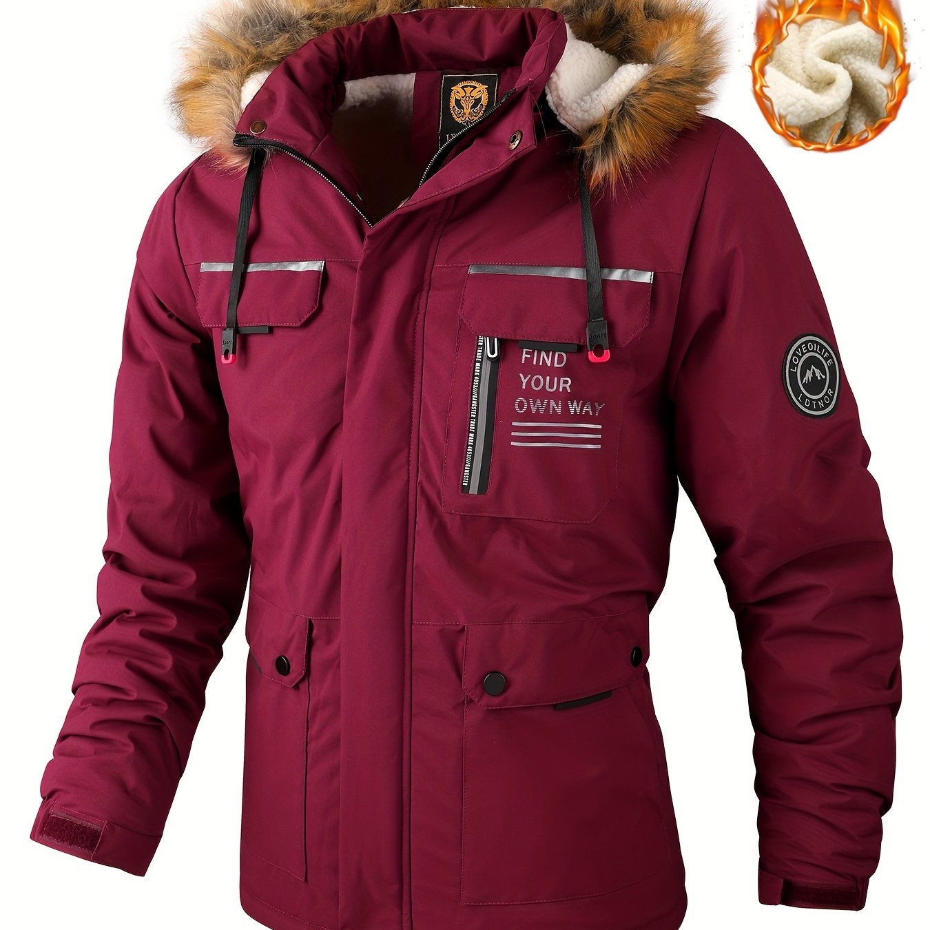 Men'S Winter Windbreaker Jacket with Lamb Fur Collar, Polyester 100% Windproof Zippered Sports Jacket, Alphabet Pattern, Regular Sleeve, Casual Outdoor Wear, H Fit, 150g/m² Fabric Weight