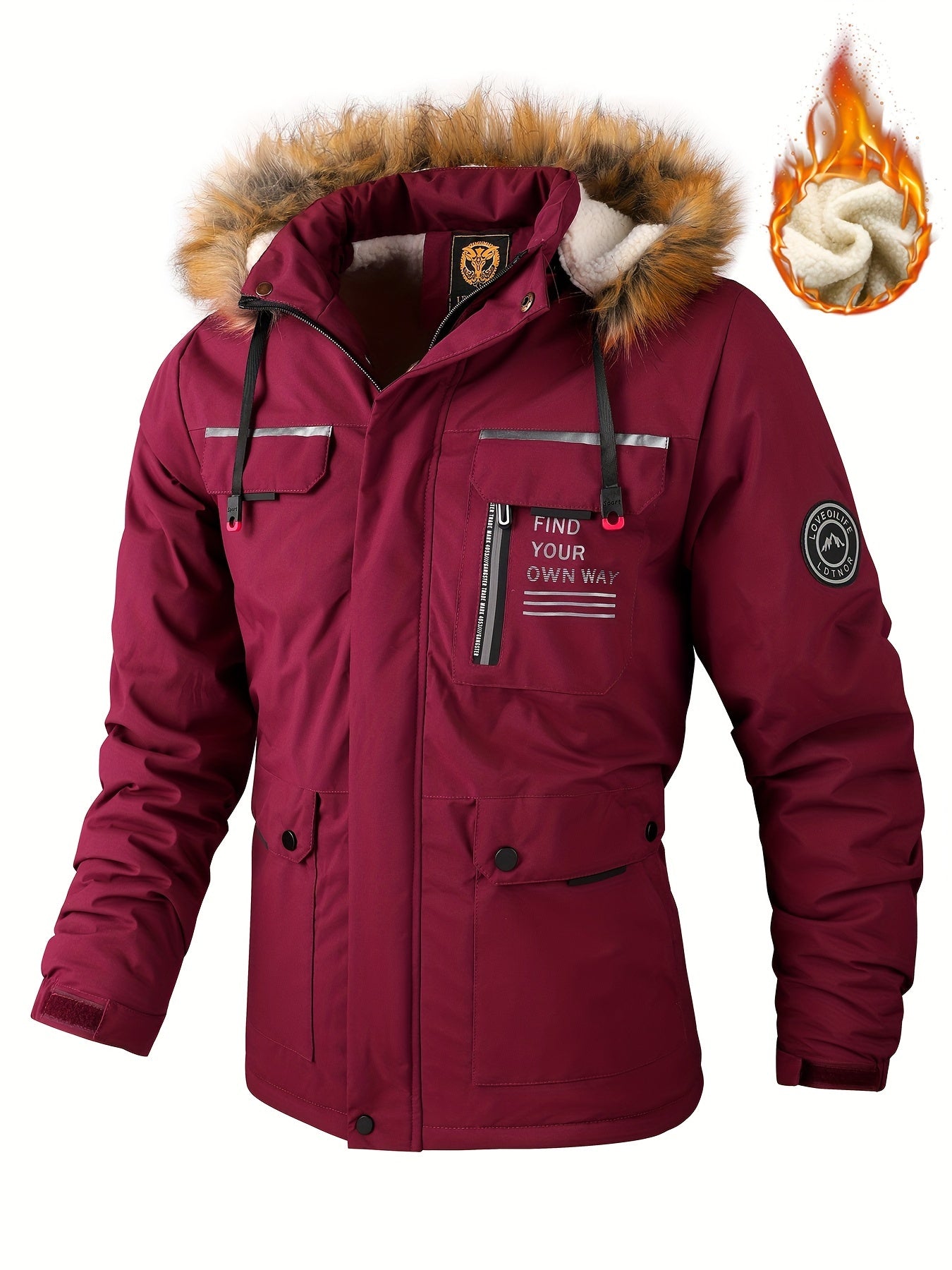 Men'S Winter Windbreaker Jacket with Lamb Fur Collar, Polyester 100% Windproof Zippered Sports Jacket, Alphabet Pattern, Regular Sleeve, Casual Outdoor Wear, H Fit, 150g/m² Fabric Weight