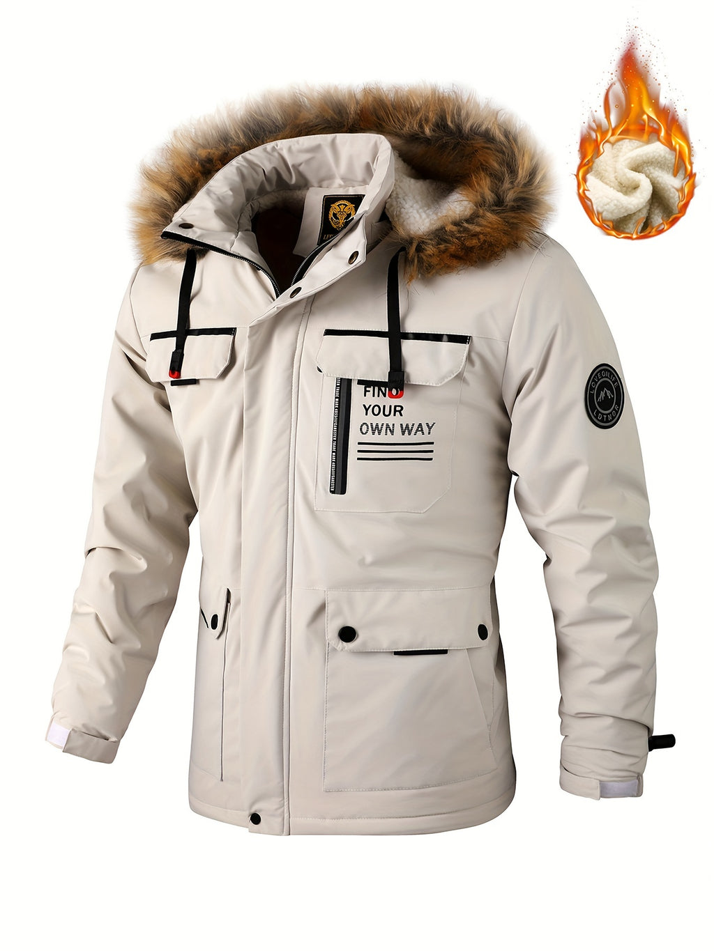 Men'S Winter Windbreaker Jacket with Lamb Fur Collar, Polyester 100% Windproof Zippered Sports Jacket, Alphabet Pattern, Regular Sleeve, Casual Outdoor Wear, H Fit, 150g/m² Fabric Weight