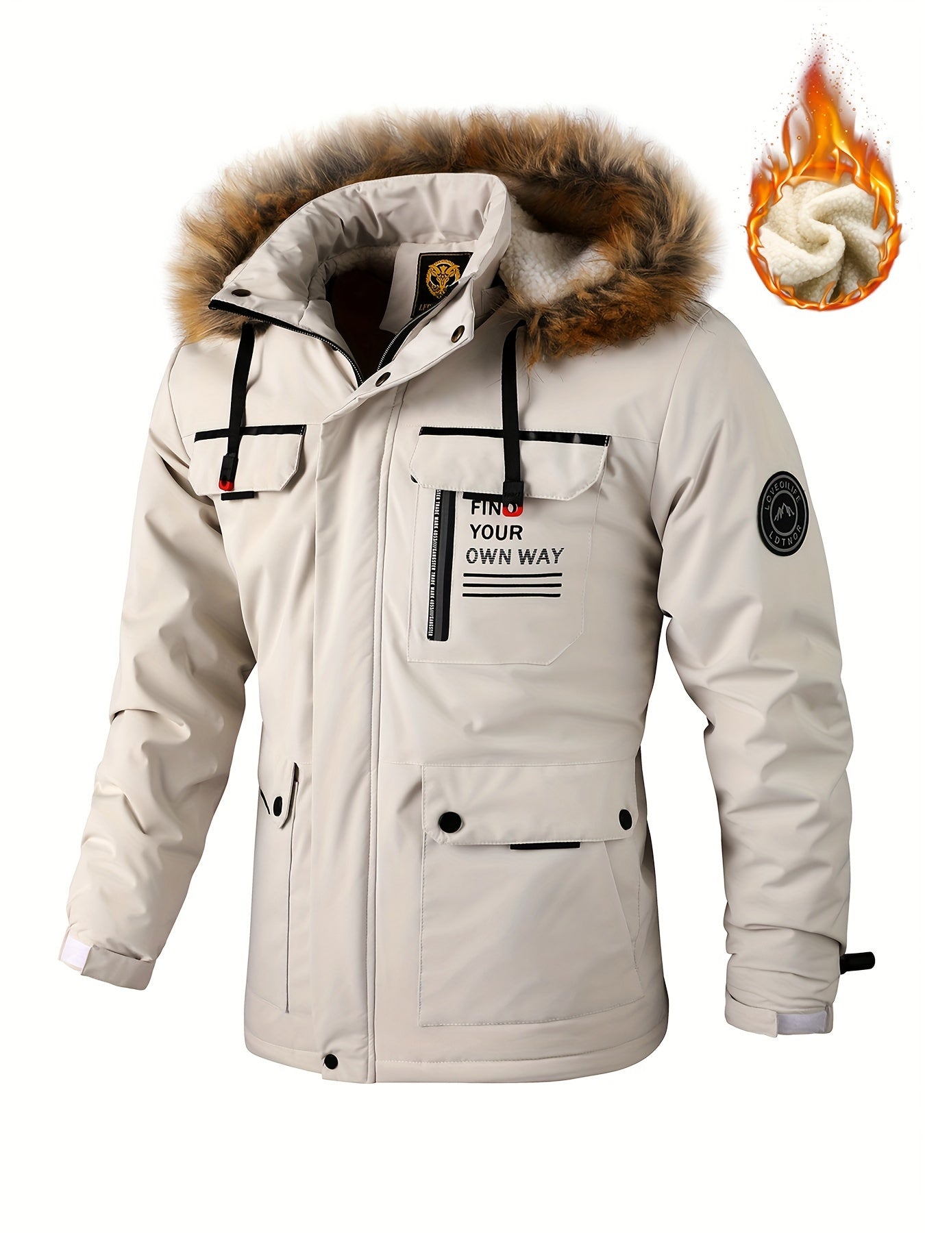 Men'S Winter Windbreaker Jacket with Lamb Fur Collar, Polyester 100% Windproof Zippered Sports Jacket, Alphabet Pattern, Regular Sleeve, Casual Outdoor Wear, H Fit, 150g/m² Fabric Weight