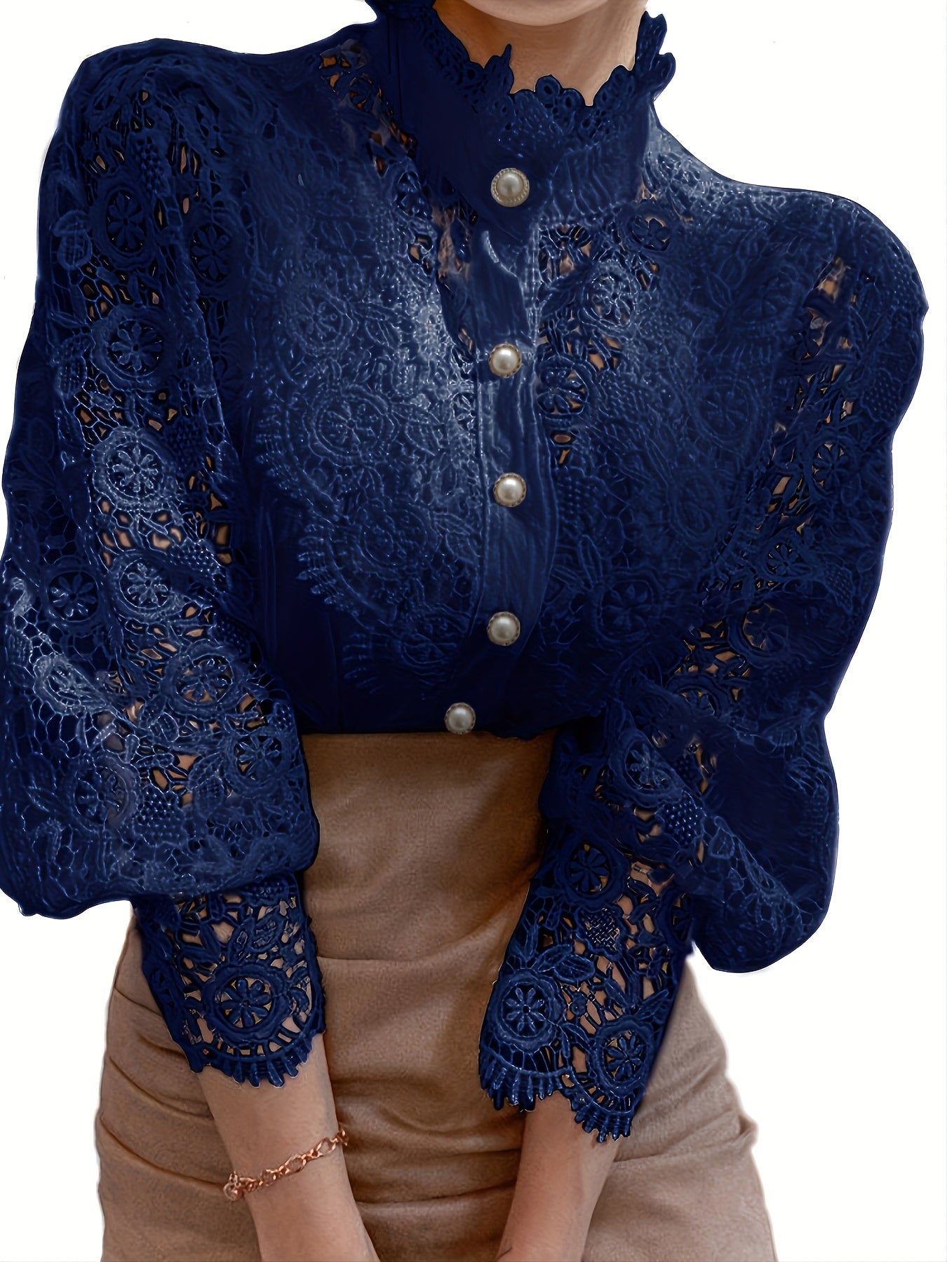 Women's Victorian Shirt - Elegant Blouse with Lace Sleeve cuffs, Vintage Button-Up Blouse for Wedding, Office, Party - Non-Stretch Formal Top (Hand Wash/Dry Clean) - Elegant Ladies Blouse, Wedding Guest Attire, Classic Collar