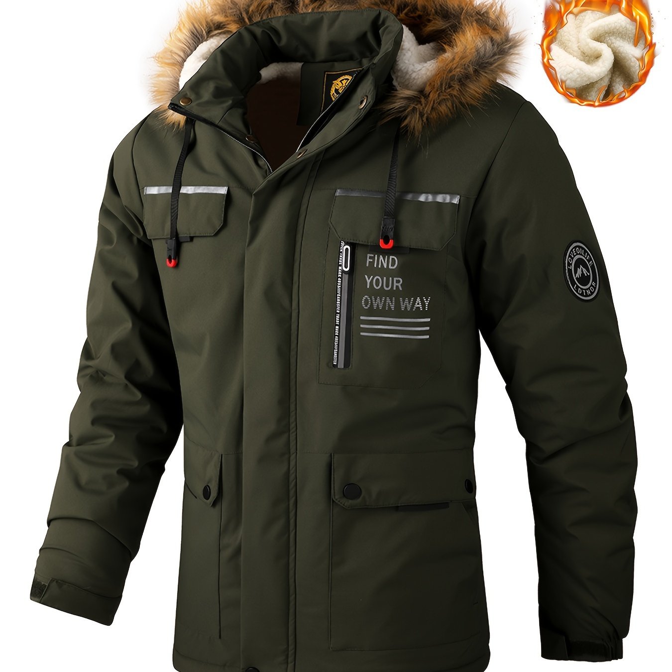 Men'S Winter Windbreaker Jacket with Lamb Fur Collar, Polyester 100% Windproof Zippered Sports Jacket, Alphabet Pattern, Regular Sleeve, Casual Outdoor Wear, H Fit, 150g/m² Fabric Weight