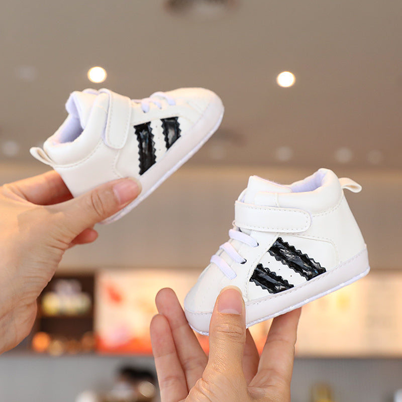 Infant & Newborn Boys' & Girls' Soft Sole Anti-Slip Sneakers - Breathable with Black Striped Design, Adjustable Buckle Closure, All-Season Casual Shoes for Toddlers, Baby Shoes, Toddler Footwear, Stylish Toddler Footwear, Com
