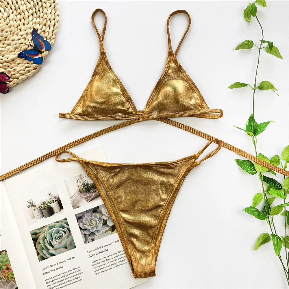 Ausgehöhltes rotes sexy Bikini-Set für Damen, String-Badeanzug, Push-Up-Bademode, 2025, gebundener Tanga, brasilianischer Bikini-Badeanzug, Badebekleidung