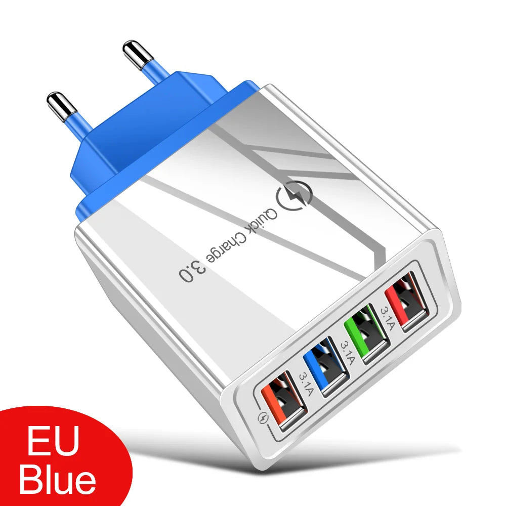 3A USB Ladegerät 4 Port USB Quick Charge 3,0 EU UNS Stecker Handy Ladegerät Wand Adapter Tragbare Schnelle Lade für iPhone 16 Pro