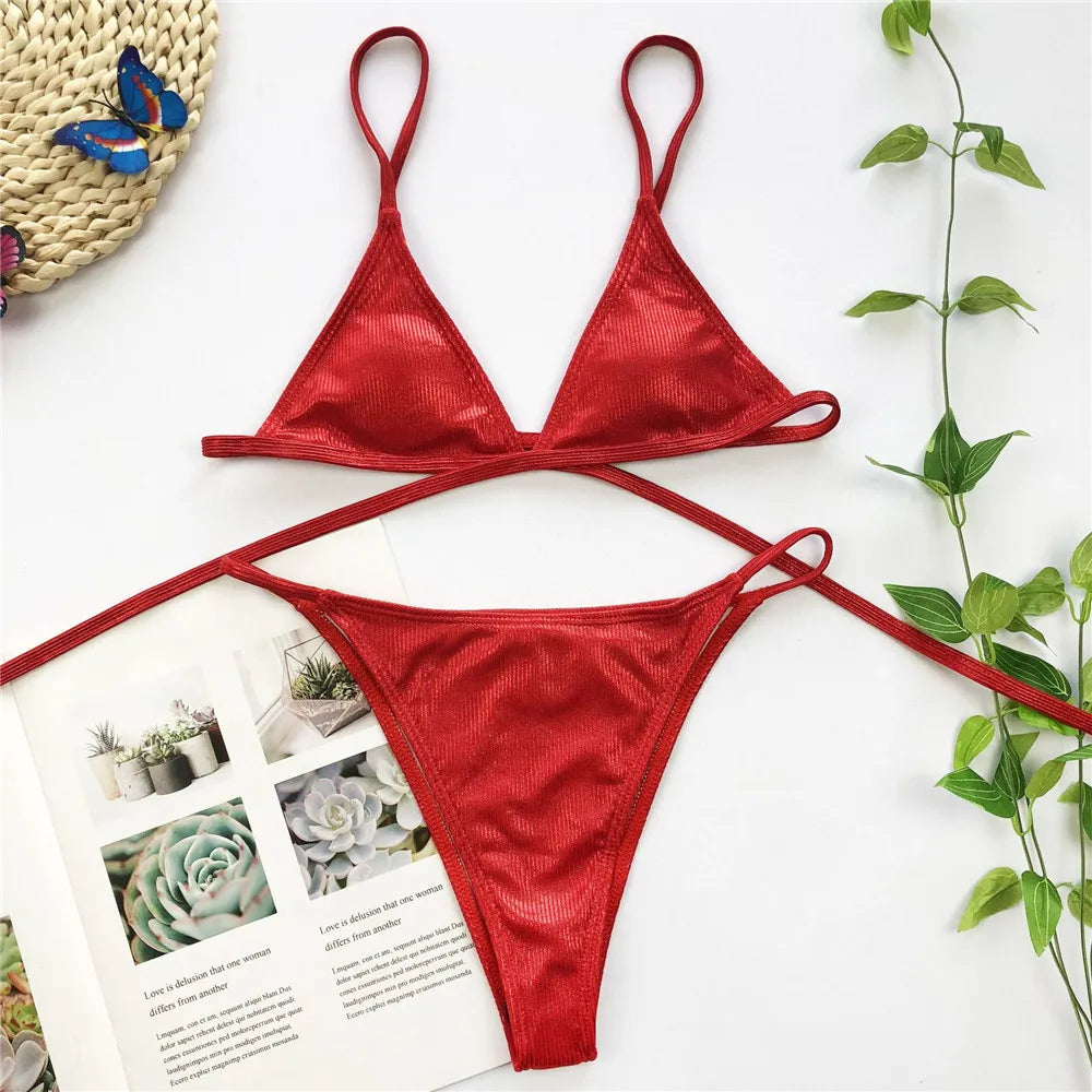 Ausgehöhltes rotes sexy Bikini-Set für Damen, String-Badeanzug, Push-Up-Bademode, 2025, gebundener Tanga, brasilianischer Bikini-Badeanzug, Badebekleidung