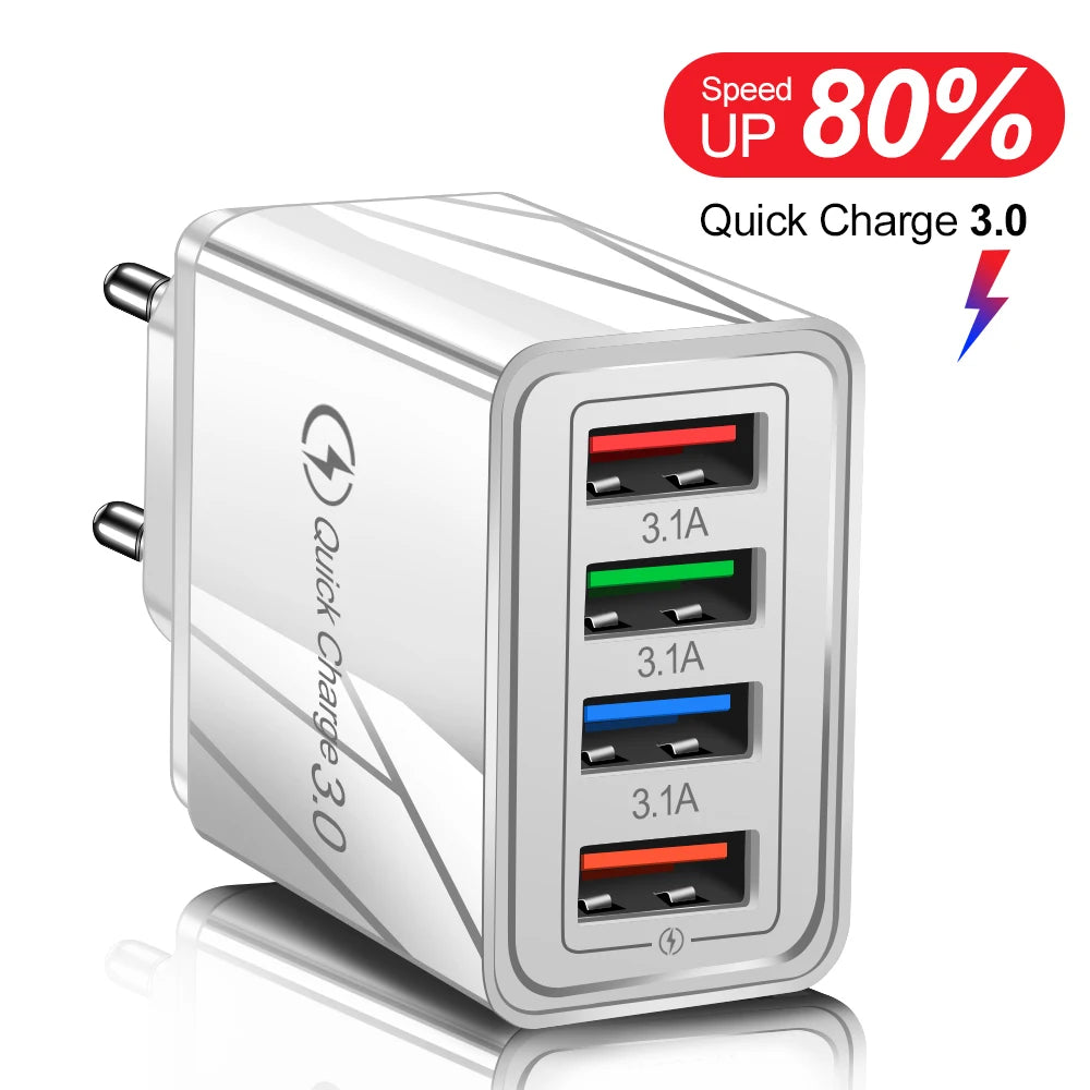 3A USB Ladegerät 4 Port USB Quick Charge 3,0 EU UNS Stecker Handy Ladegerät Wand Adapter Tragbare Schnelle Lade für iPhone 16 Pro