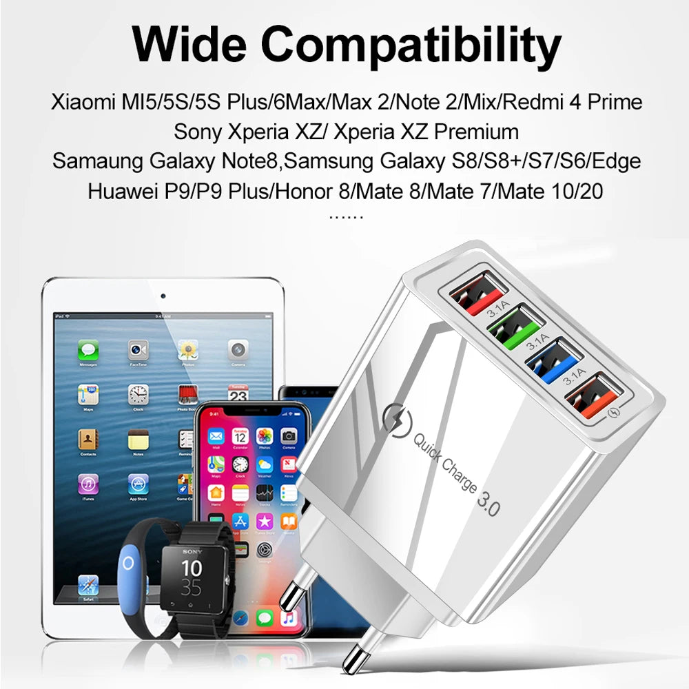 3A USB Ladegerät 4 Port USB Quick Charge 3,0 EU UNS Stecker Handy Ladegerät Wand Adapter Tragbare Schnelle Lade für iPhone 16 Pro