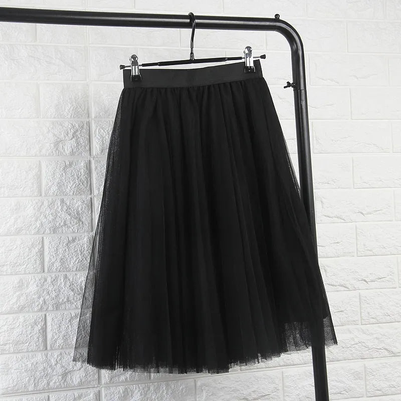 TingYiLi 4-lagiger Tüllrock für Damen, Schwarz, Grau, Weiß, Tüllrock für Erwachsene, elastisch, hohe Taille, plissierter Midirock