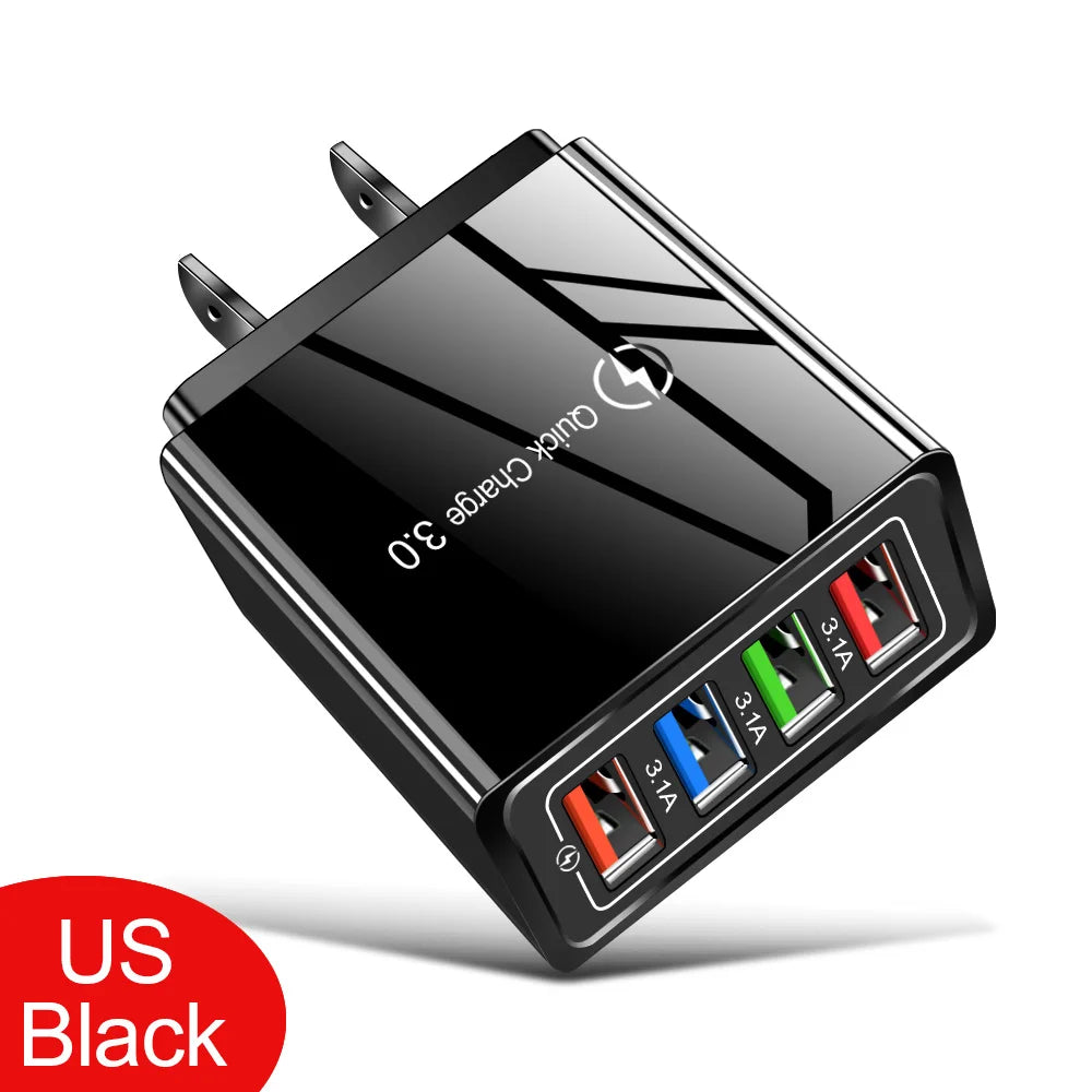 3A USB Ladegerät 4 Port USB Quick Charge 3,0 EU UNS Stecker Handy Ladegerät Wand Adapter Tragbare Schnelle Lade für iPhone 16 Pro