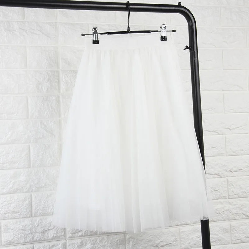TingYiLi 4-lagiger Tüllrock für Damen, Schwarz, Grau, Weiß, Tüllrock für Erwachsene, elastisch, hohe Taille, plissierter Midirock