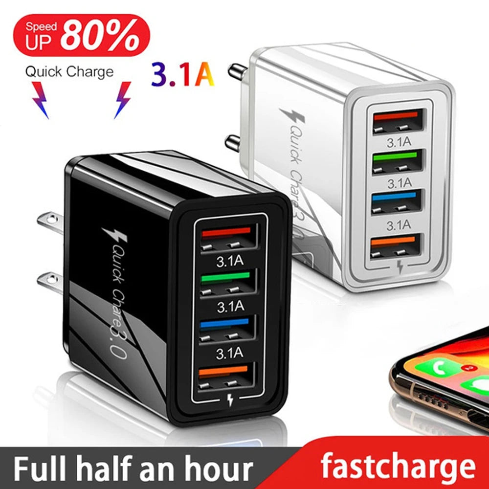 3A USB Ladegerät 4 Port USB Quick Charge 3,0 EU UNS Stecker Handy Ladegerät Wand Adapter Tragbare Schnelle Lade für iPhone 16 Pro