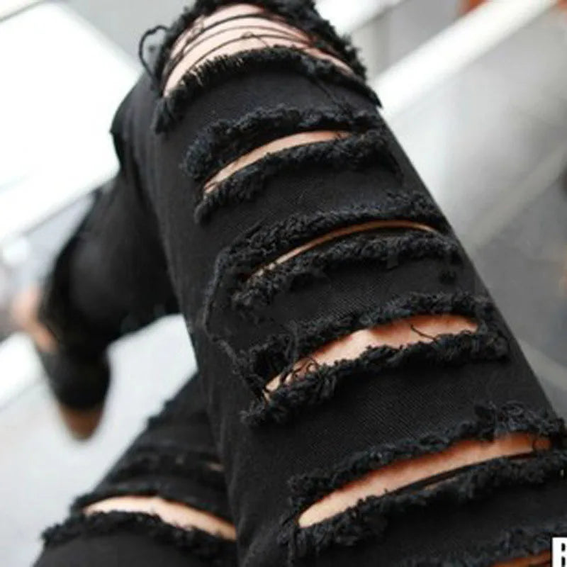 Dame mode lässig bleistift hose schwarz weiß zerrissene dünne hosen gemischt baumwolle loch dünne leggings mit tasche gefaltete hosen
