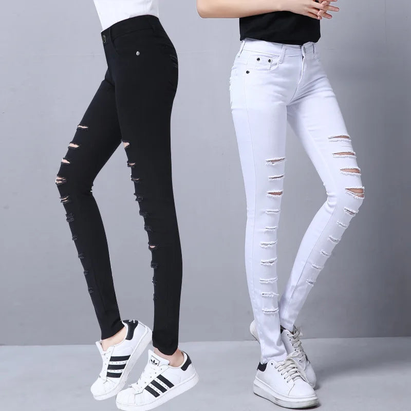 Dame mode lässig bleistift hose schwarz weiß zerrissene dünne hosen gemischt baumwolle loch dünne leggings mit tasche gefaltete hosen