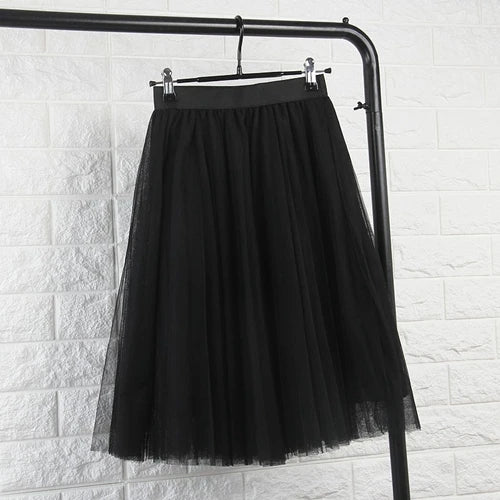 TingYiLi 4-lagiger Tüllrock für Damen, Schwarz, Grau, Weiß, Tüllrock für Erwachsene, elastisch, hohe Taille, plissierter Midirock