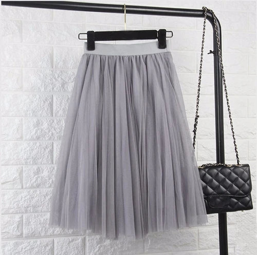 TingYiLi 4-lagiger Tüllrock für Damen, Schwarz, Grau, Weiß, Tüllrock für Erwachsene, elastisch, hohe Taille, plissierter Midirock