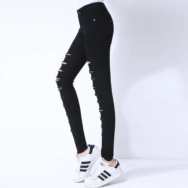 Dame mode lässig bleistift hose schwarz weiß zerrissene dünne hosen gemischt baumwolle loch dünne leggings mit tasche gefaltete hosen