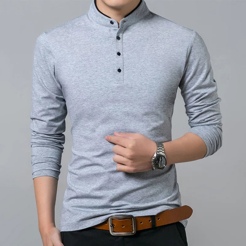 Heißer Verkauf 2026 Frühling Herren T-shirt Langarm Stehen Grund Solide Bluse T Shirt Top Casual Baumwolle T-shirt Männer Unterhemd