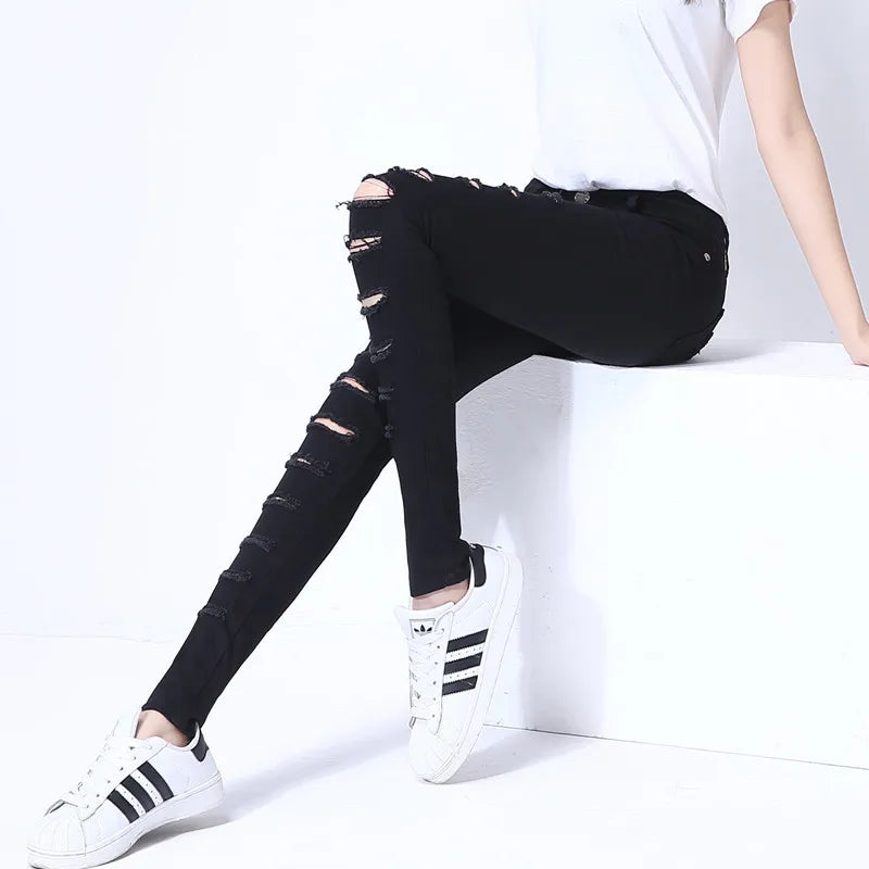 Dame mode lässig bleistift hose schwarz weiß zerrissene dünne hosen gemischt baumwolle loch dünne leggings mit tasche gefaltete hosen