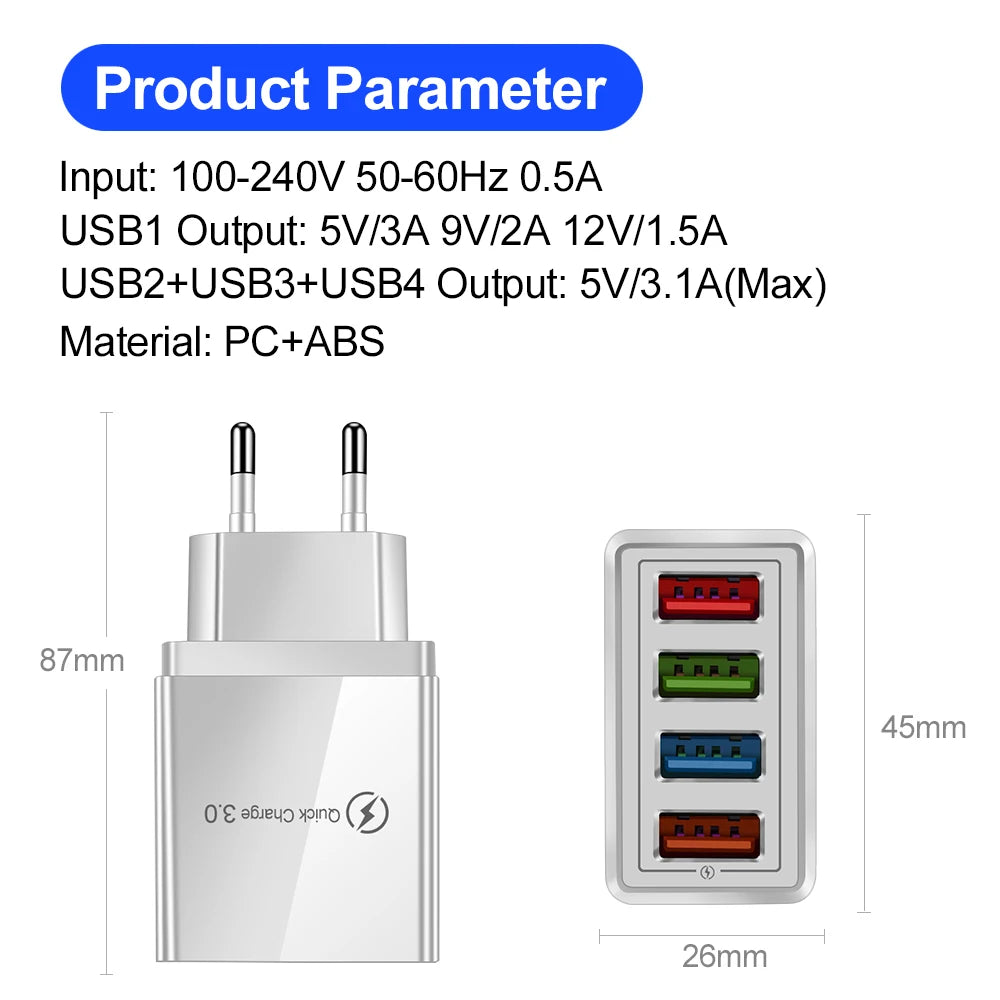 3A USB Ladegerät 4 Port USB Quick Charge 3,0 EU UNS Stecker Handy Ladegerät Wand Adapter Tragbare Schnelle Lade für iPhone 16 Pro