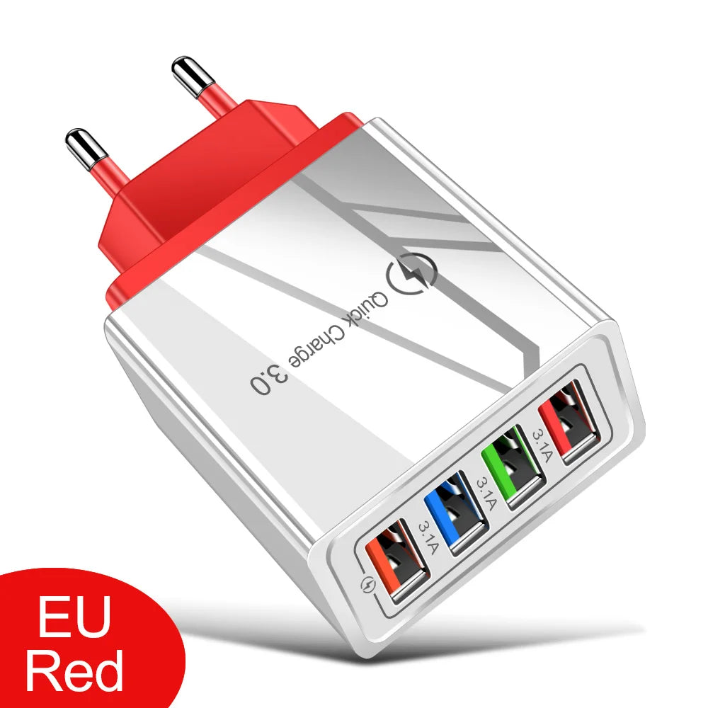 3A USB Ladegerät 4 Port USB Quick Charge 3,0 EU UNS Stecker Handy Ladegerät Wand Adapter Tragbare Schnelle Lade für iPhone 16 Pro