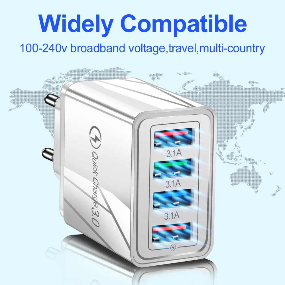 3A USB Ladegerät 4 Port USB Quick Charge 3,0 EU UNS Stecker Handy Ladegerät Wand Adapter Tragbare Schnelle Lade für iPhone 16 Pro