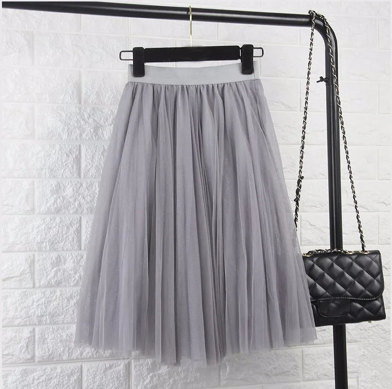TingYiLi 4-lagiger Tüllrock für Damen, Schwarz, Grau, Weiß, Tüllrock für Erwachsene, elastisch, hohe Taille, plissierter Midirock