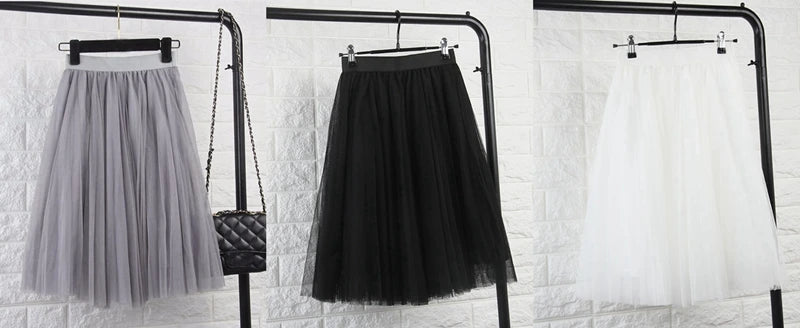 TingYiLi 4-lagiger Tüllrock für Damen, Schwarz, Grau, Weiß, Tüllrock für Erwachsene, elastisch, hohe Taille, plissierter Midirock