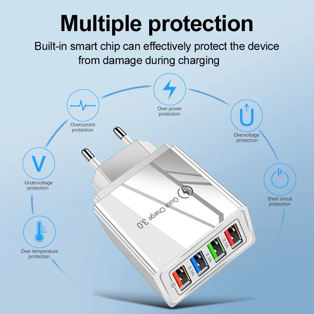 3A USB Ladegerät 4 Port USB Quick Charge 3,0 EU UNS Stecker Handy Ladegerät Wand Adapter Tragbare Schnelle Lade für iPhone 16 Pro