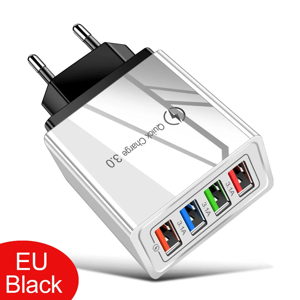 3A USB Ladegerät 4 Port USB Quick Charge 3,0 EU UNS Stecker Handy Ladegerät Wand Adapter Tragbare Schnelle Lade für iPhone 16 Pro