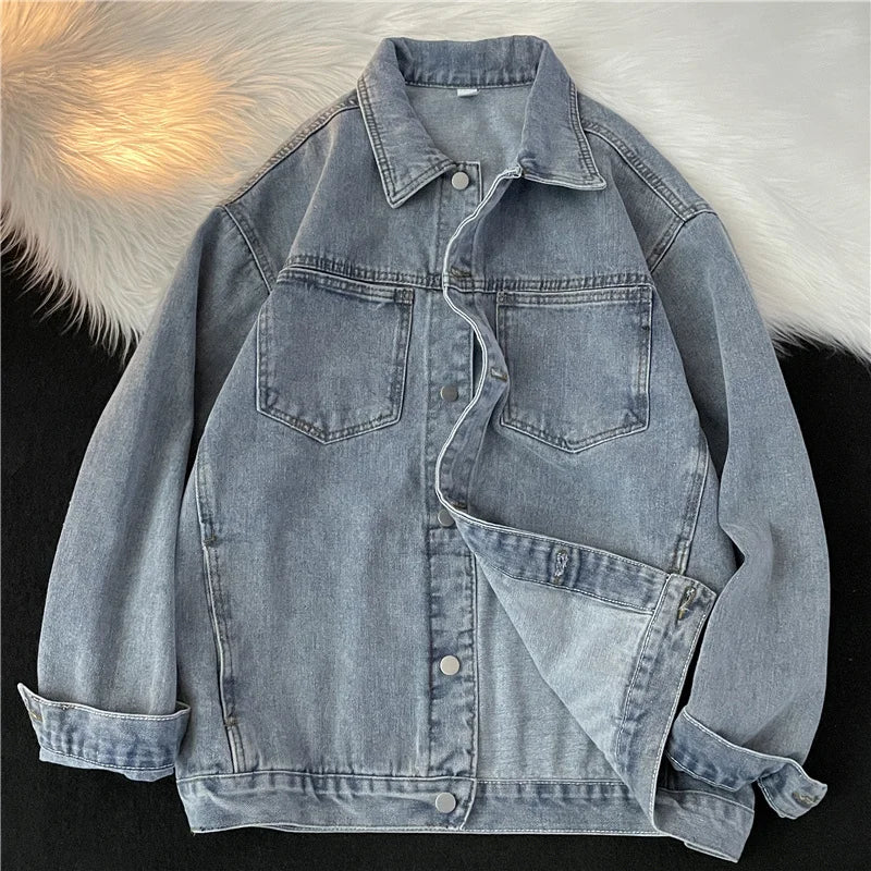 BF Stil Gewaschene Denim Jacke Für Frauen Oversize Casual Einfarbig Jean Mantel Frühling Herbst Einfache Lose Jean Oberbekleidung