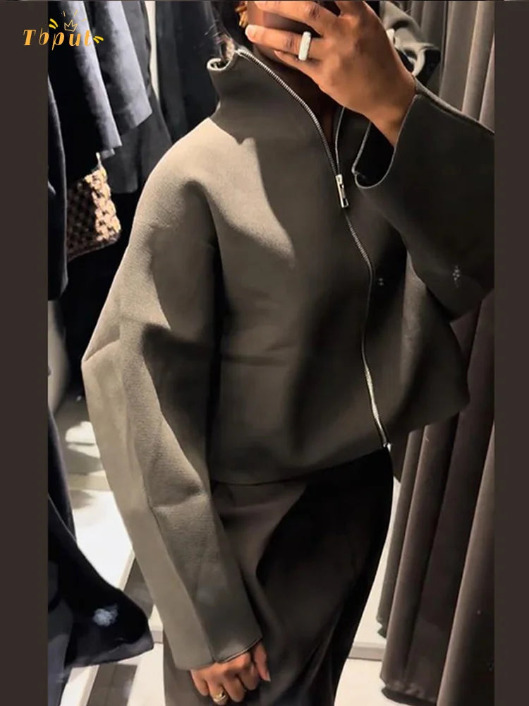 Frauen Casual Solide Strick Kurze Strickjacke Revers Volle Hülse Zipper Lose Abgeschnitten Mäntel 2025, Dame Täglichen Pendeln Mode Oberbekleidung
