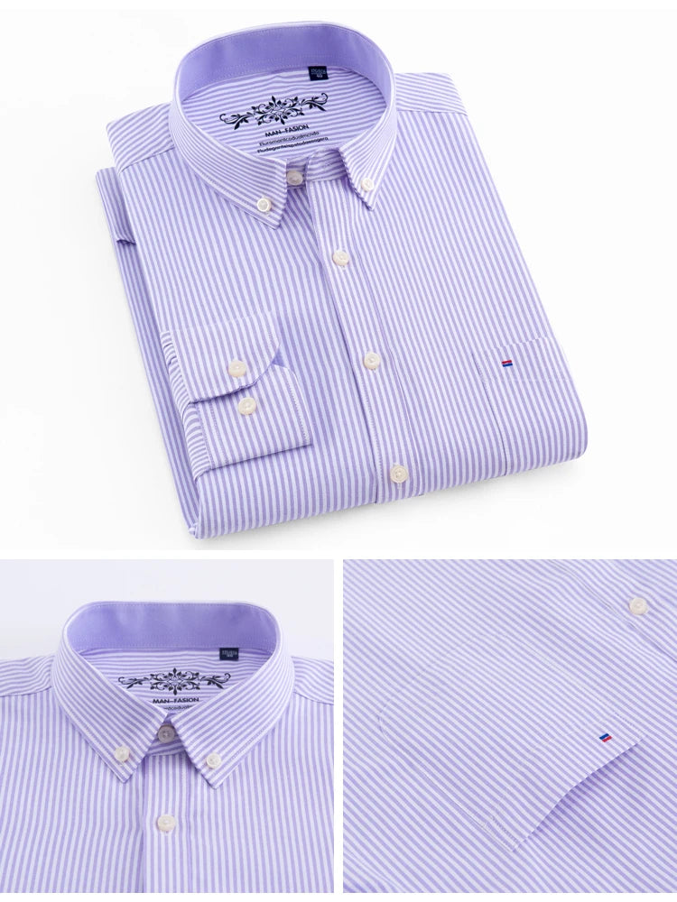 Langärmliges Oxford-Karo-gestreiftes Arbeits-Freizeithemd für Herren mit Tasche, Frühlings-Herbst-Baumwollmischung, reguläre Passform, Button-Down-Hemden