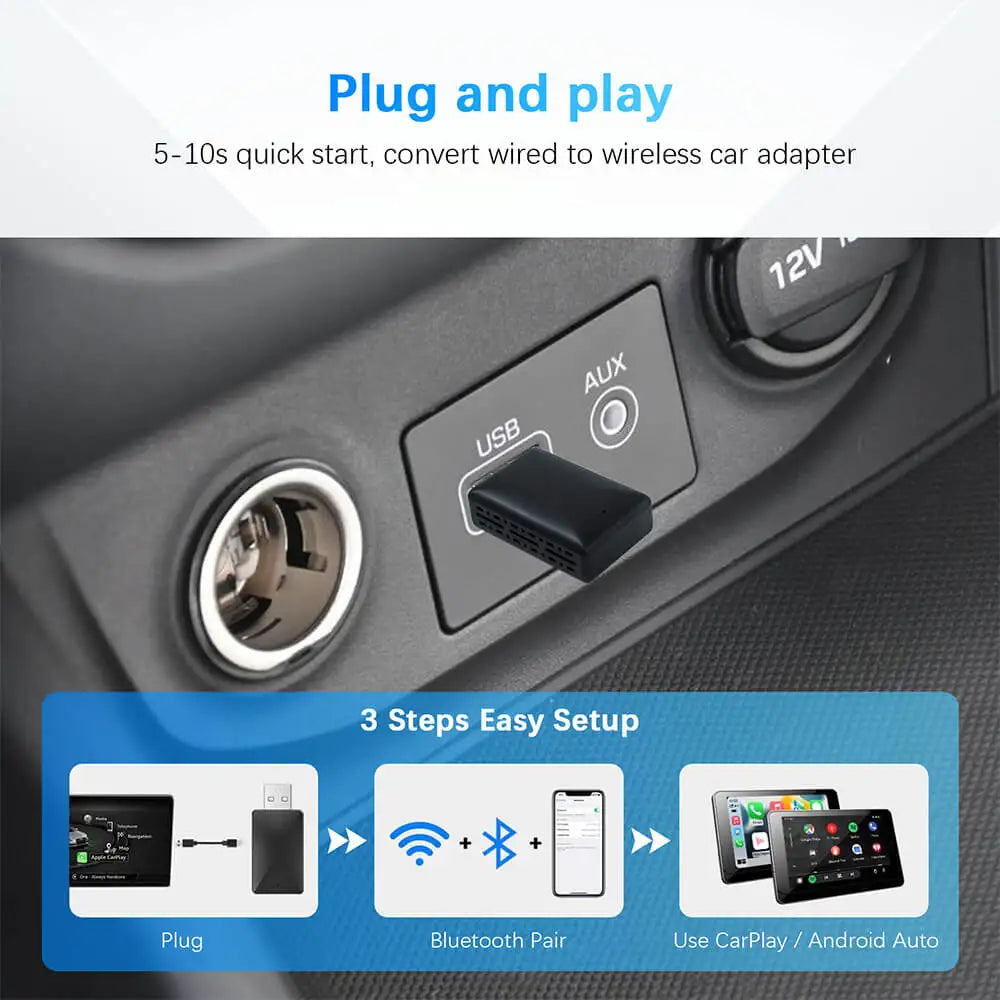 2in1 verkabelt mit kabellosem CarPlay-Android-Auto-Adapter für OEM-Autoradio mit USB-Stecker und Wiedergabe