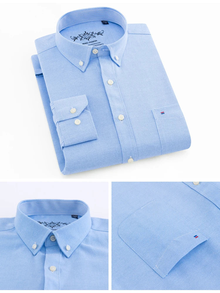 Langärmliges Oxford-Karo-gestreiftes Arbeits-Freizeithemd für Herren mit Tasche, Frühlings-Herbst-Baumwollmischung, reguläre Passform, Button-Down-Hemden