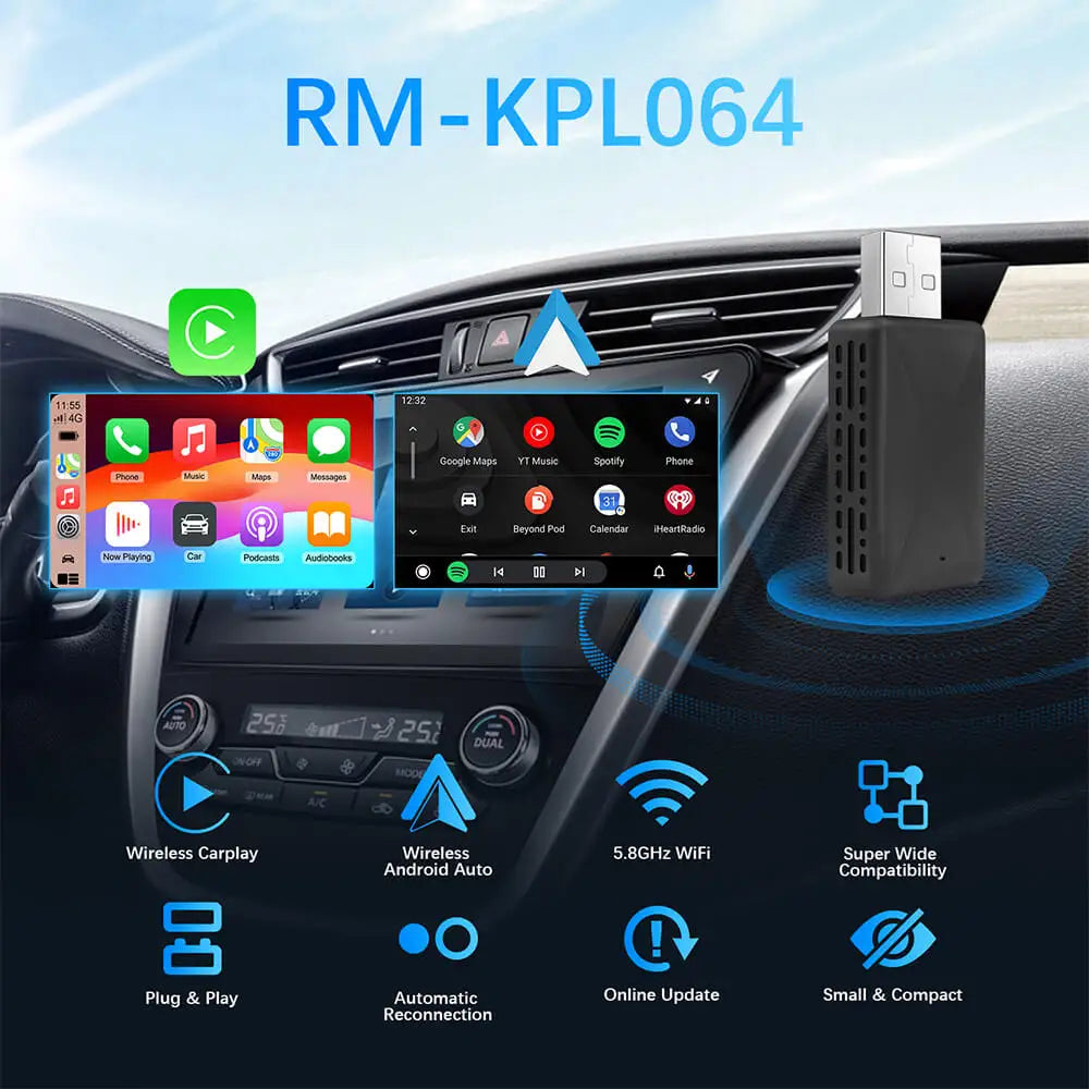 2in1 verkabelt mit kabellosem CarPlay-Android-Auto-Adapter für OEM-Autoradio mit USB-Stecker und Wiedergabe