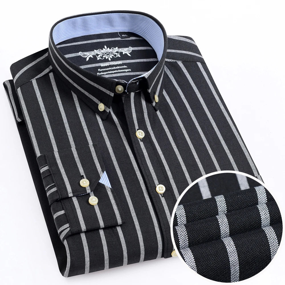 Langärmliges Oxford-Karo-gestreiftes Arbeits-Freizeithemd für Herren mit Tasche, Frühlings-Herbst-Baumwollmischung, reguläre Passform, Button-Down-Hemden