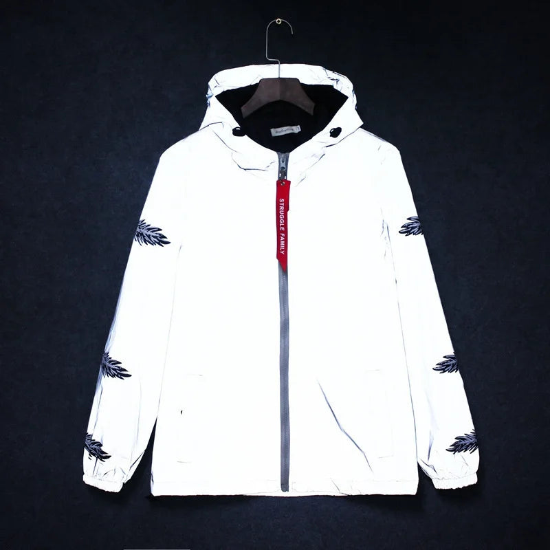 Männer Voll Reflektierende Jacke Casual Frauen Windjacke Hip Hop Mit Kapuze Mantel Wasserdicht Gedruckt Streetwear Nacht Glänzende Jacken 5XL
