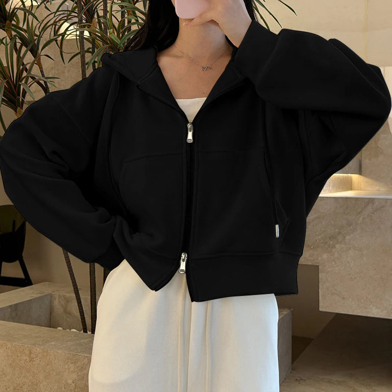 2025 Chic Doppel Reißverschlüsse Gestellte Hoodie Frauen Koreanische Langarm Mit Kapuze Sweatshirt Frau Einfarbig Lose Sport Jacke Weibliche