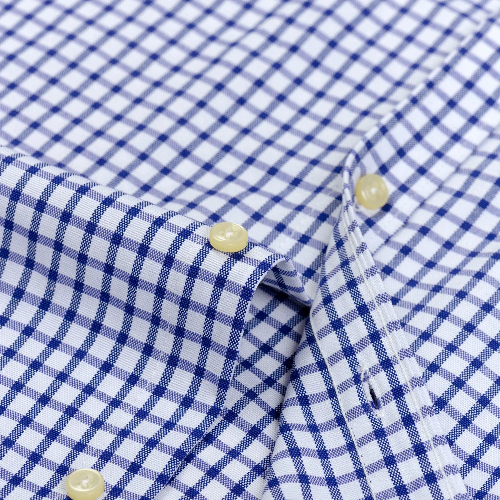 Langärmliges Oxford-Karo-gestreiftes Arbeits-Freizeithemd für Herren mit Tasche, Frühlings-Herbst-Baumwollmischung, reguläre Passform, Button-Down-Hemden