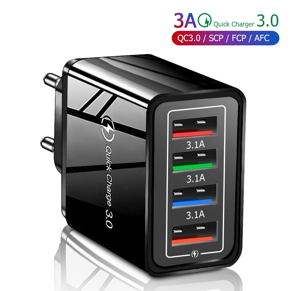 3A USB Ladegerät 4 Port USB Quick Charge 3,0 EU UNS Stecker Handy Ladegerät Wand Adapter Tragbare Schnelle Lade für iPhone 16 Pro