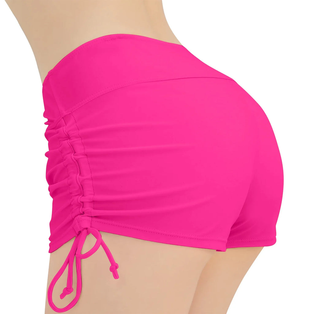 Sommer-Badebekleidung für Damen, einfarbig, Boxer, Strandshorts, hohe Taille, seitlich verstellbarer Kordelzug, elastischer Sport-Badeanzug