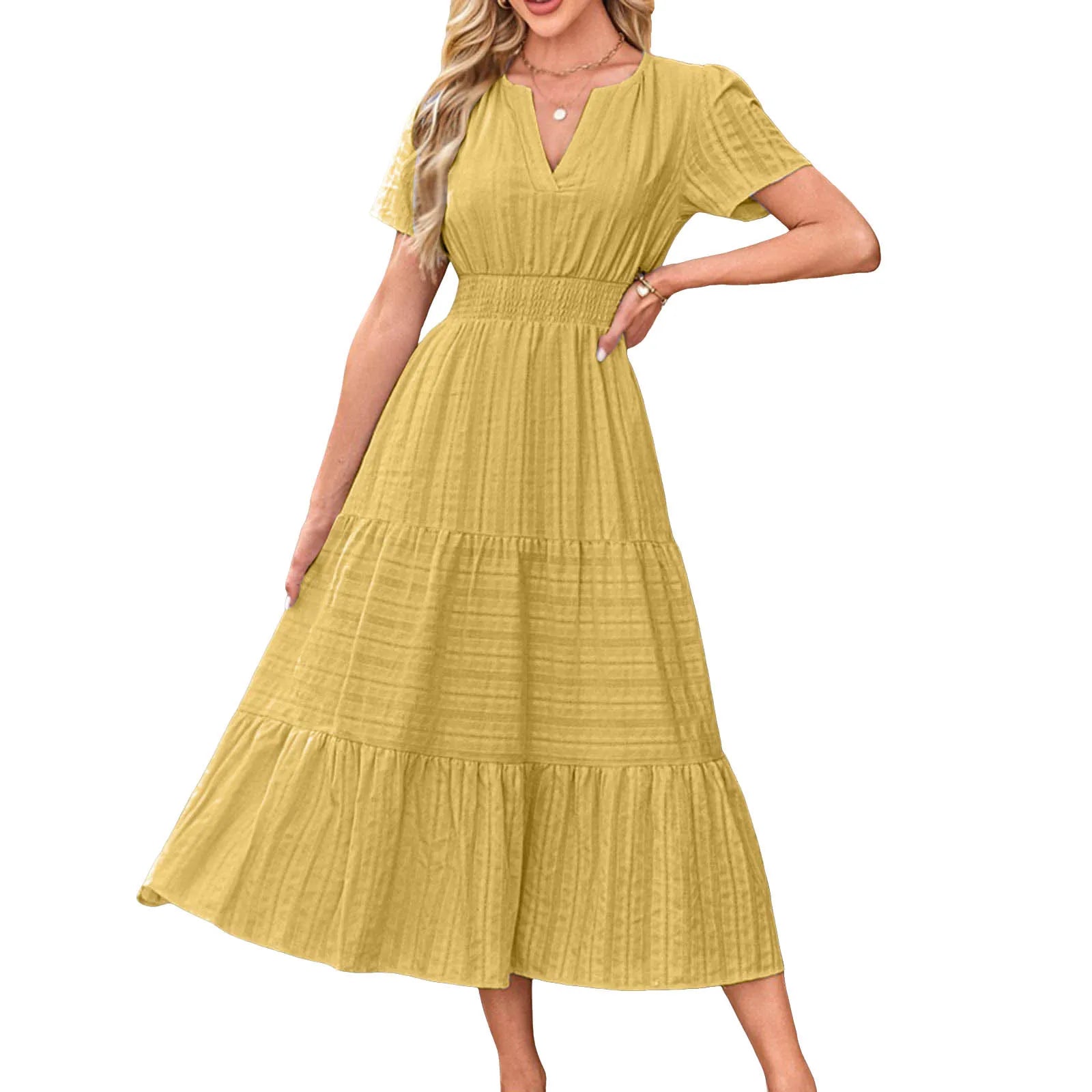 Frauen Swing Kleid Frühling Sommer Casual Einfarbig V-ausschnitt Kurzarm Kleider Elastische Bund Gefüttert Vestidos Für Streetwear