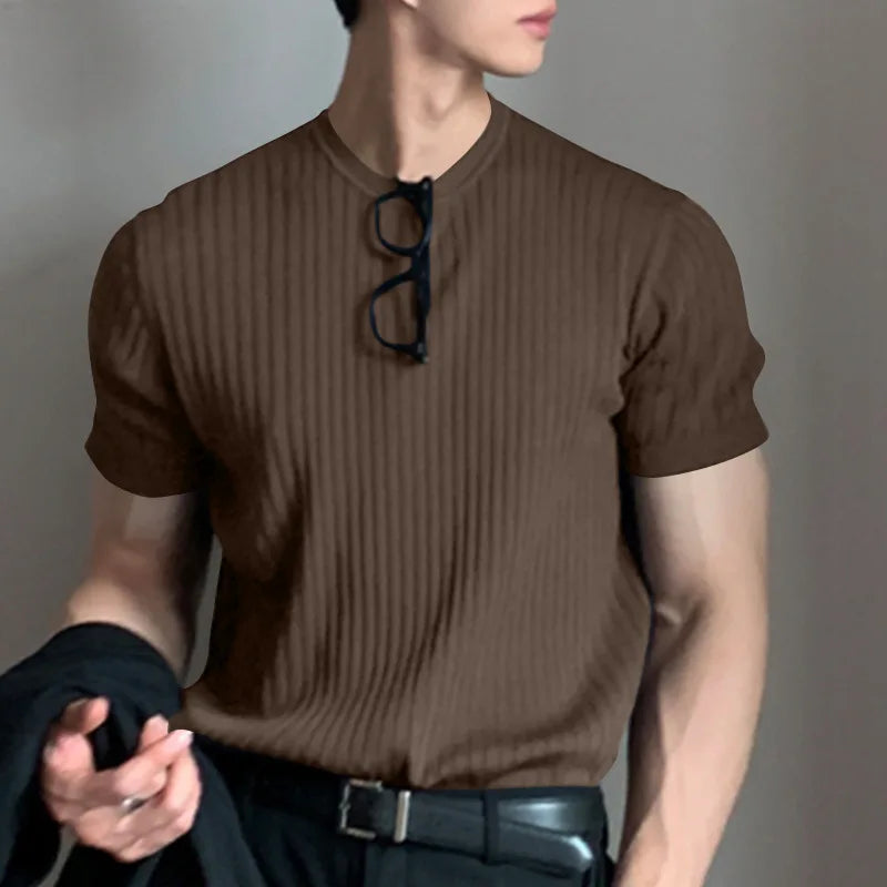 Sommer Herrenbekleidung Leichtes Luxus-T-Shirt Freizeit Langarm O-Ausschnitt Drapiert Einfarbig Lose Basic-Shirt Beliebte Strickwaren