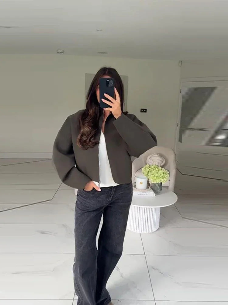 Frauen Casual Solide Strick Kurze Strickjacke Revers Volle Hülse Zipper Lose Abgeschnitten Mäntel 2025, Dame Täglichen Pendeln Mode Oberbekleidung