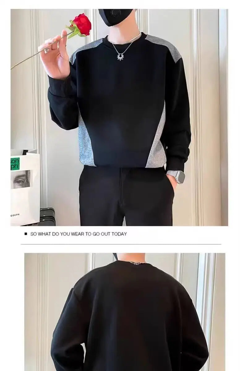 Gespleißtes Sweatshirt Herren Frühling Herbst Neues Rundhals-Langarm-Bottom-Shirt T-Shirt Trendy Casual Top Hoodies
