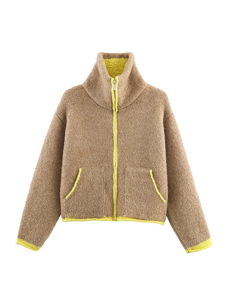 Frauen Casual Solide Strick Kurze Strickjacke Revers Volle Hülse Zipper Lose Abgeschnitten Mäntel 2025, Dame Täglichen Pendeln Mode Oberbekleidung