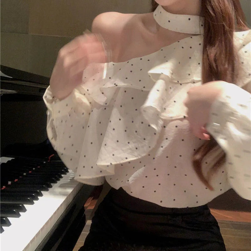 Französisch Stil Neckholder Polka Dot Chiffon Shirts Frau Elegante Off Schulter Rüschen Blusen Damen Koreanische All-Match Trend Blusas